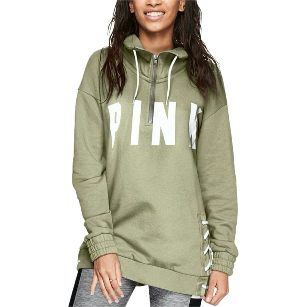 Pink Victoria’s Secret Slouchy Graphic Lace Up Zippered Cowl Neck Sweatshirt
